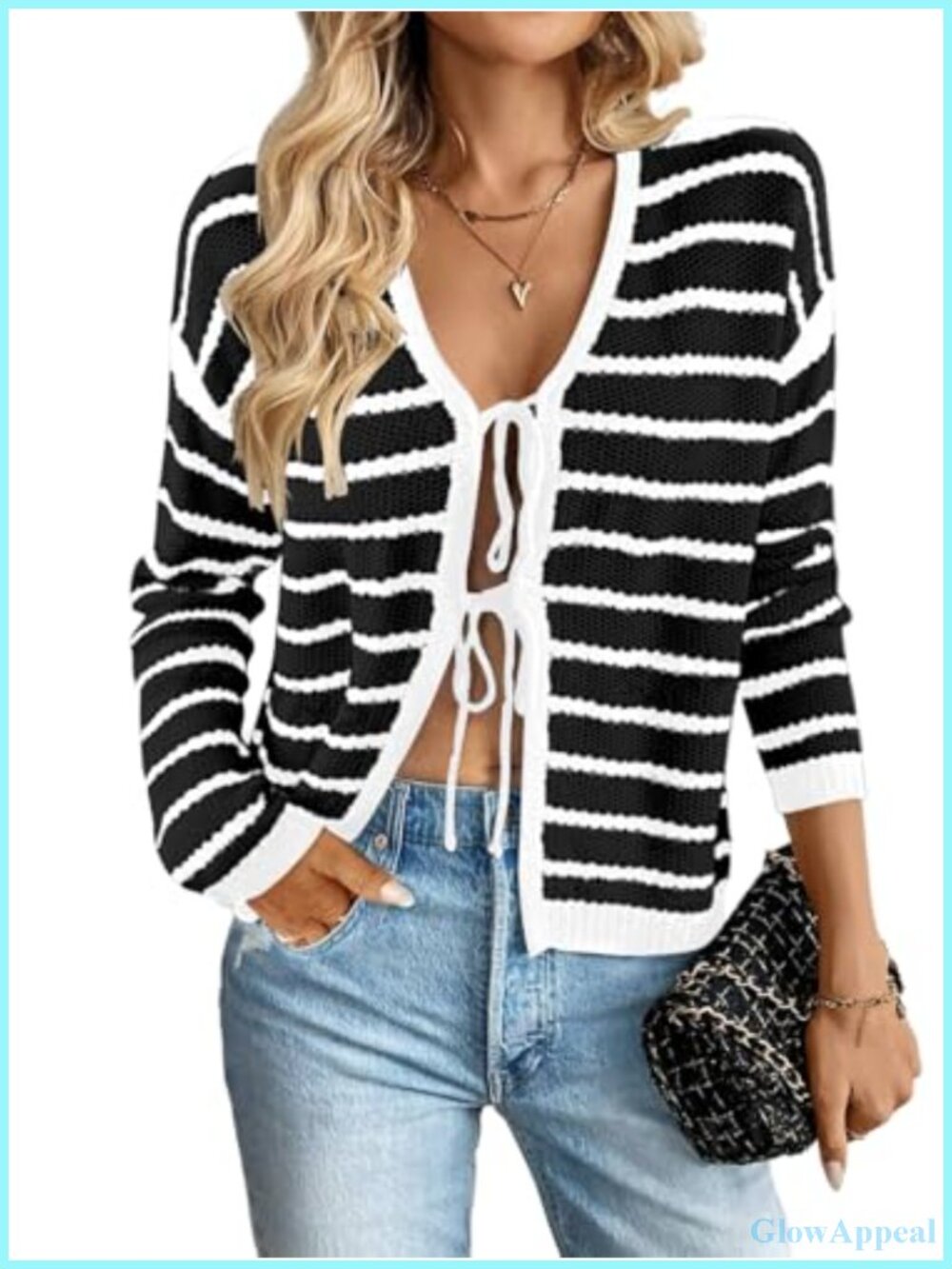 Women's Striped Tie Front Cardigan Sweater V-Neck Long Sleeve Knit Bow